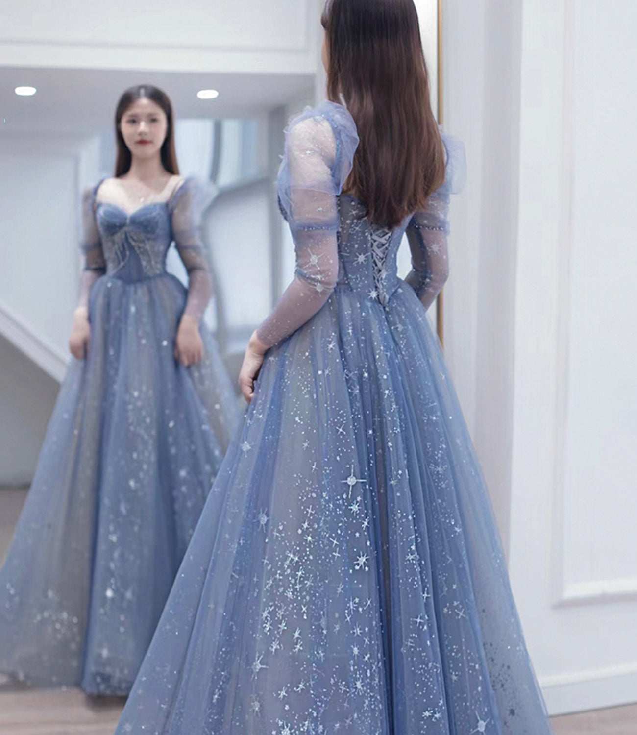 Robe de soirée longue en tulle bleu avec perles Robe de soirée trapèze 10402