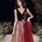 Burgundy velvet long prom dress A line evening gown  10495