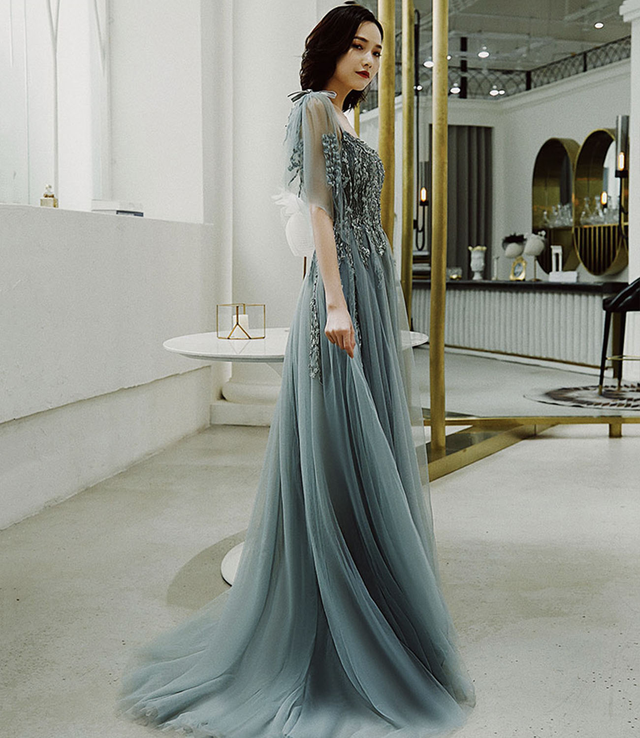 Cute tulle lace long prom dress A line evening dress  10422