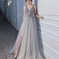 Langes Ballkleid aus grauem Tüll mit Perlen A-Linie Abendkleid 10409