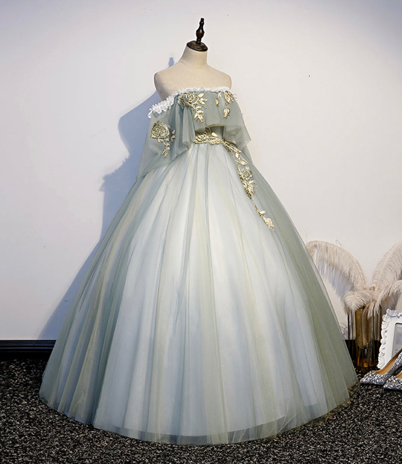 Green tulle lace long prom dress A line evening gown  10343