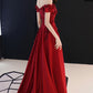 Burgundy satin lace long prom dress A line evening dress  10565