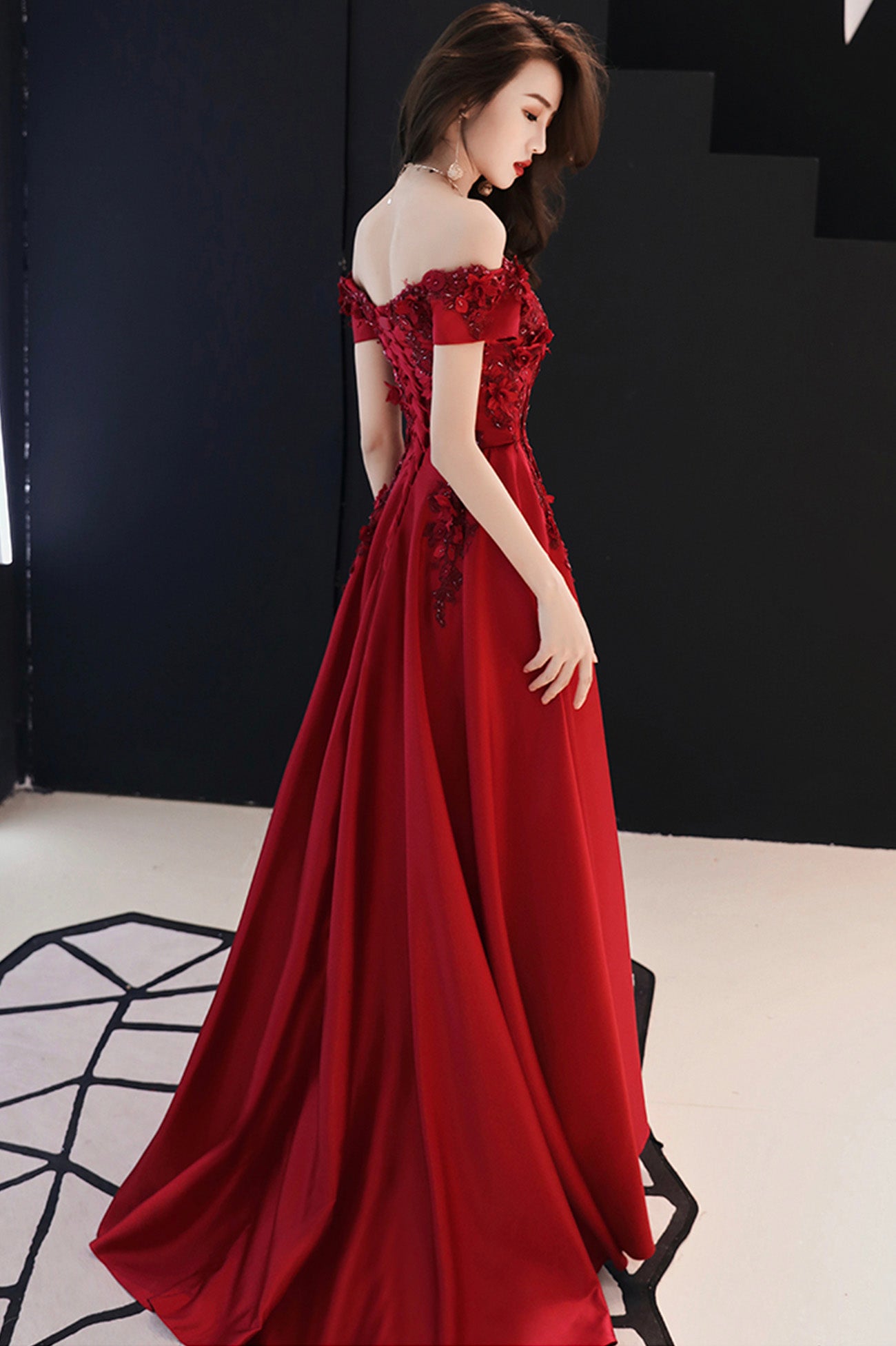 Burgundy satin lace long prom dress A line evening dress  10565