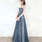 Blue tulle beads long prom dress A line evening dress  10549