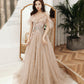 Robe de soirée longue en tulle à paillettes champagne 10390