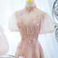 Rosa Tüll Perlen langes Ballkleid A-Linie Abendkleid 10400