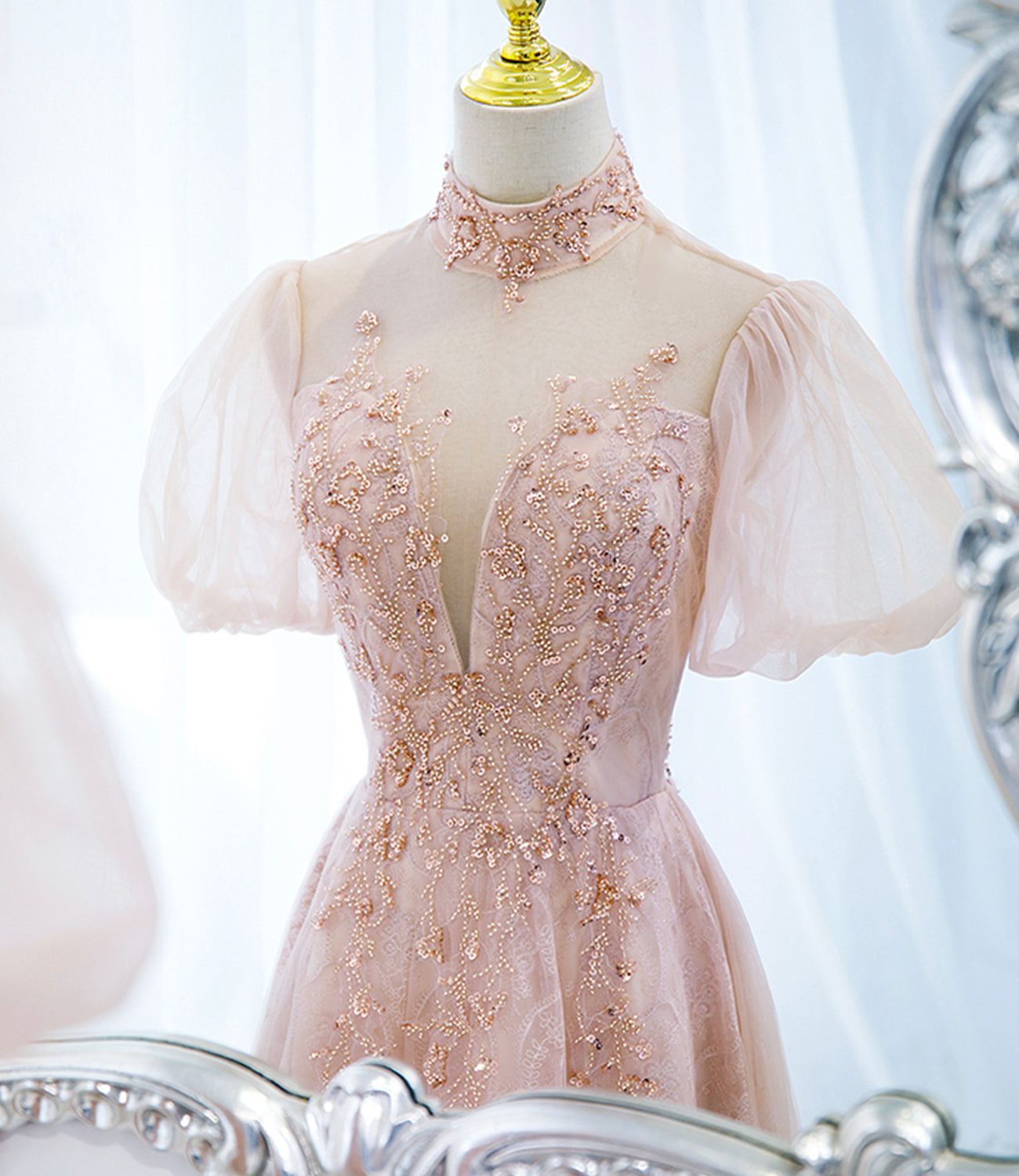 Rosa Tüll Perlen langes Ballkleid A-Linie Abendkleid 10400
