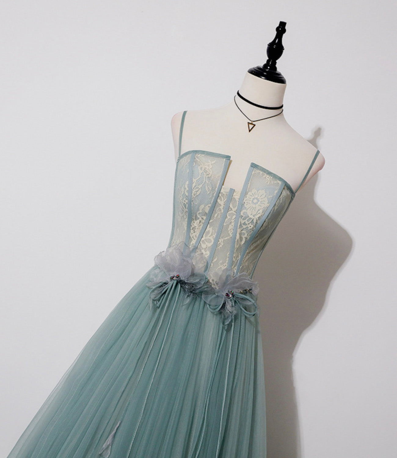 Green tulle lace long prom dress A line evening dress  10557