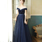 Robe de soirée longue en tulle et velours bleu 10384