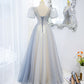 Gray tulle beads long prom dress A line evening gown  10488