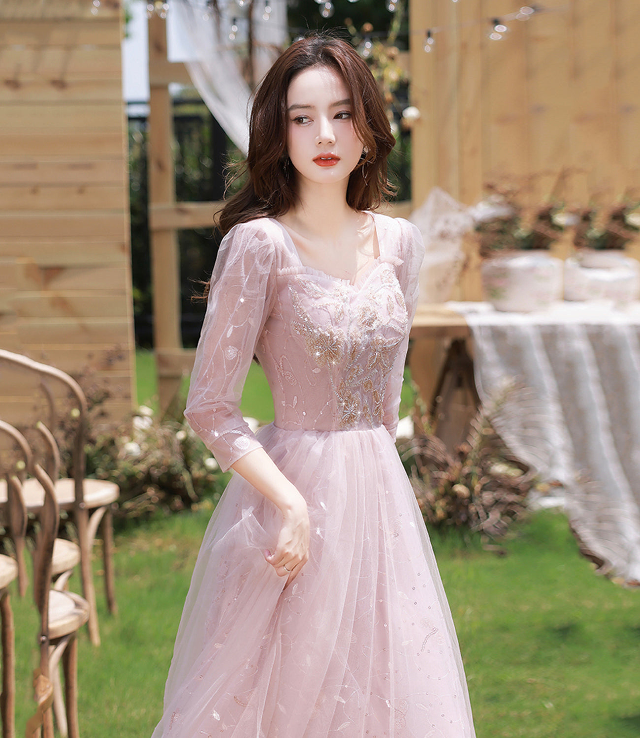 Rosa Tüll Pailletten langes Ballkleid Abendkleid 10362