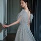 Langes Ballkleid aus grauem Tüll mit Pailletten A-Linie Abendkleid 10574