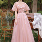 Pink tulle long prom dress A line evening dress  10587