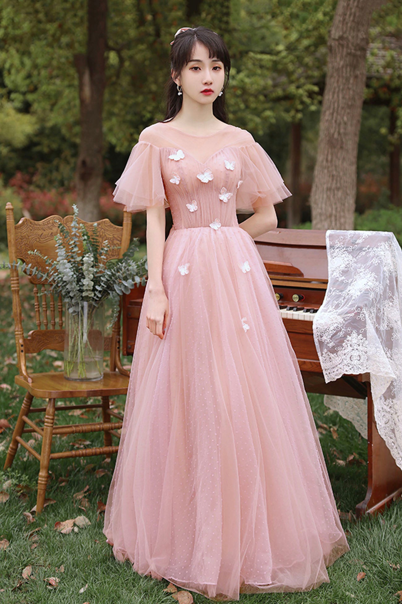 Pink tulle long prom dress A line evening dress  10587