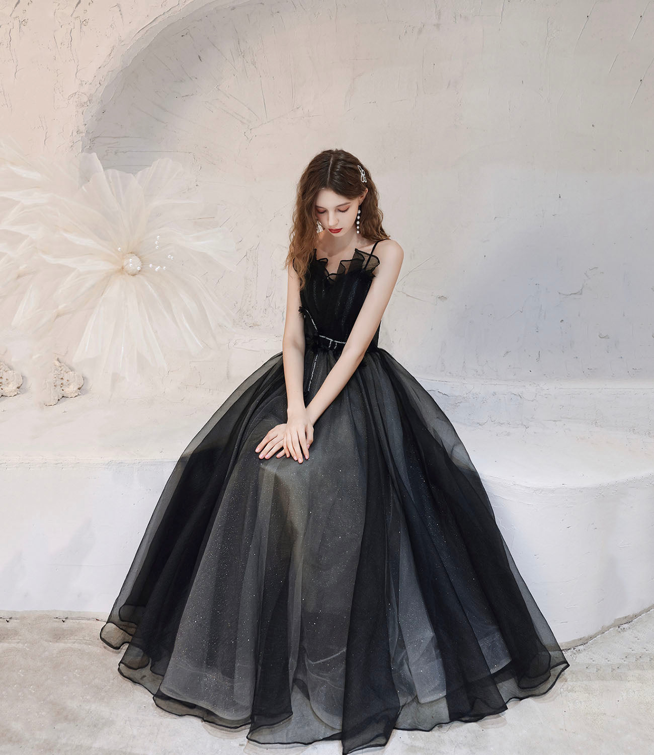 Robe de soirée longue en tulle noir Robe de soirée trapèze 10416
