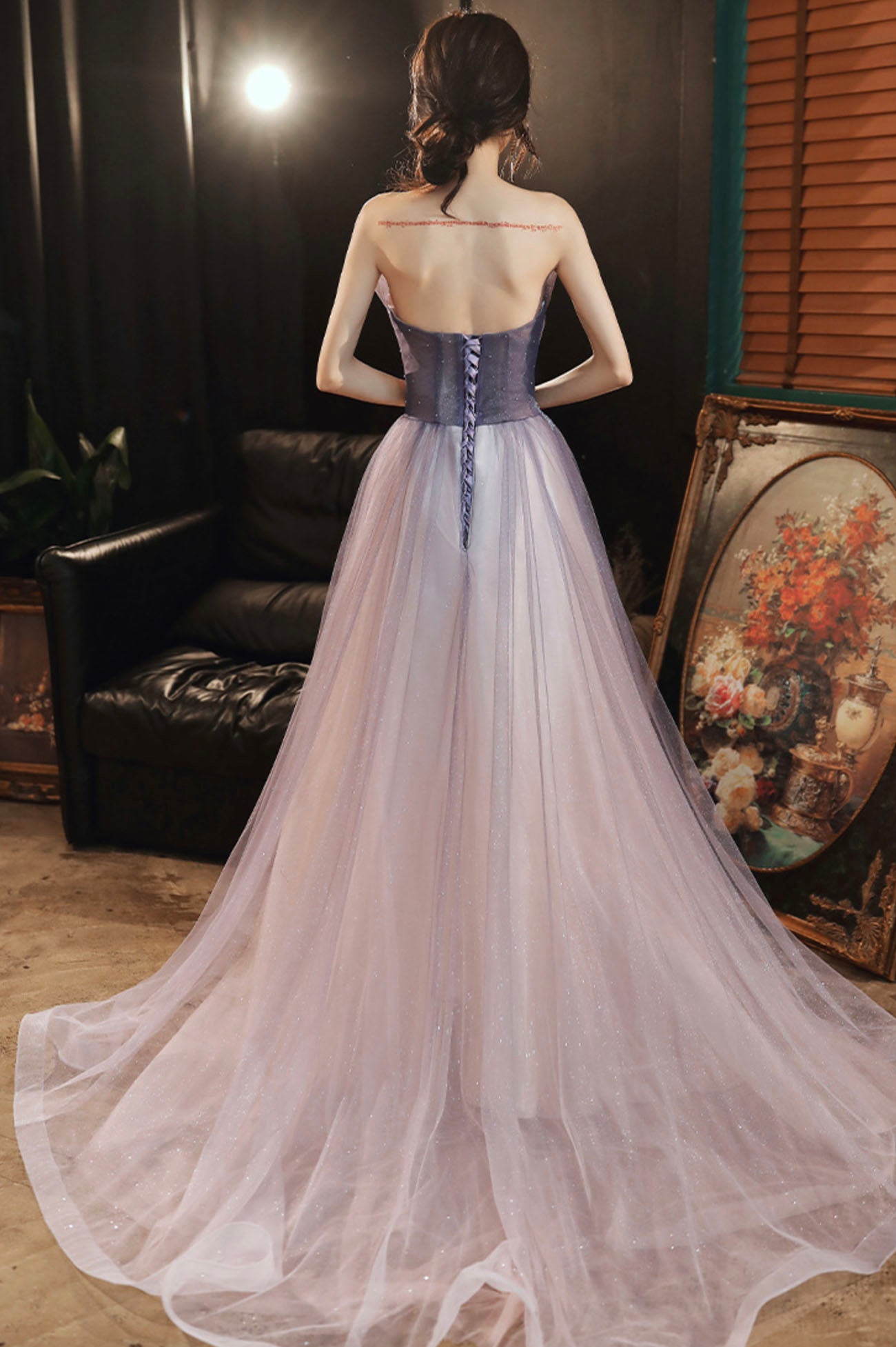 Robe de soirée longue en tulle violet à paillettes 10624