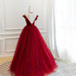 Burgundy velvet tulle long prom dress A line evening gown  10580