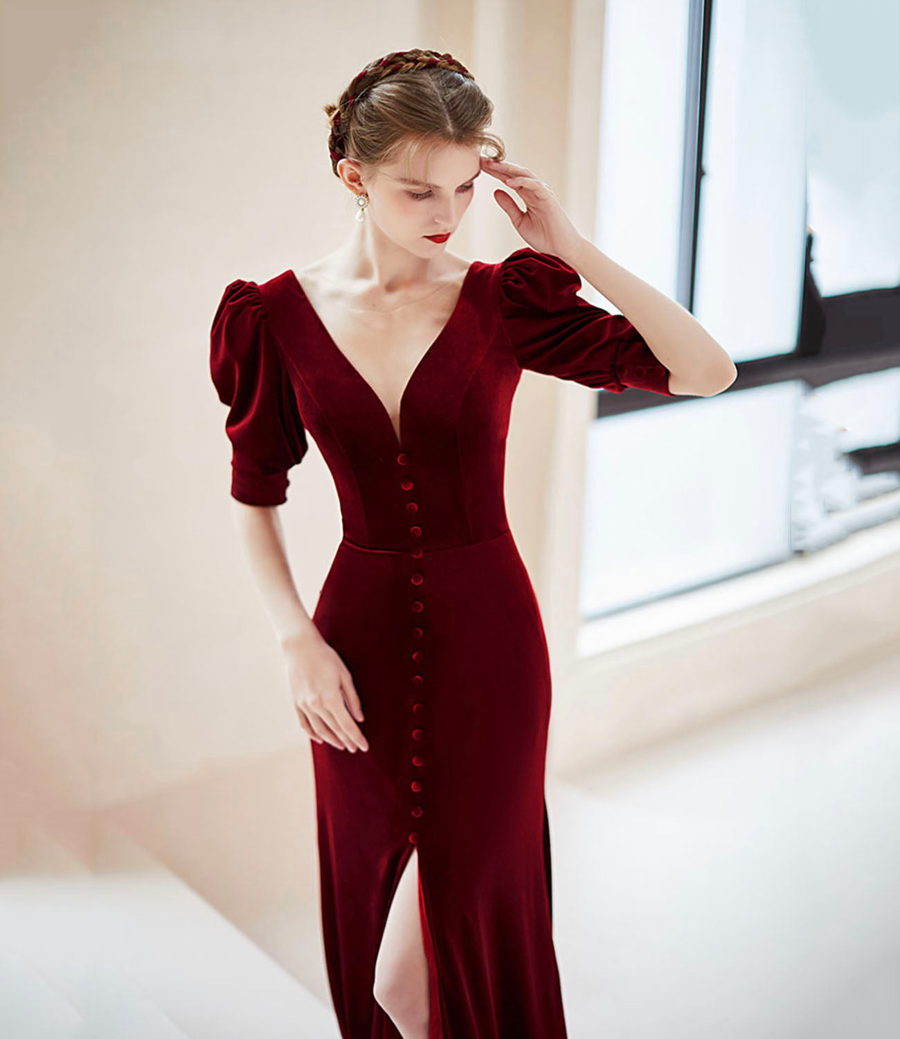 Burgundy velvet long prom dress mermaid evening dress  10414