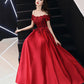 Burgundy satin lace long prom dress A line evening dress  10565