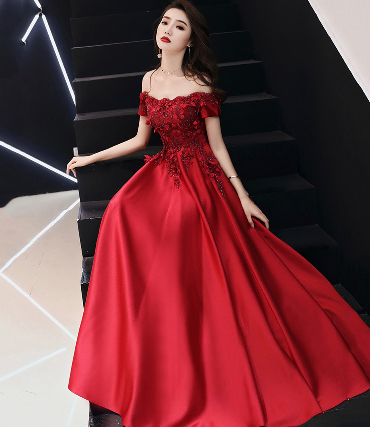 Burgundy satin lace long prom dress A line evening dress  10565