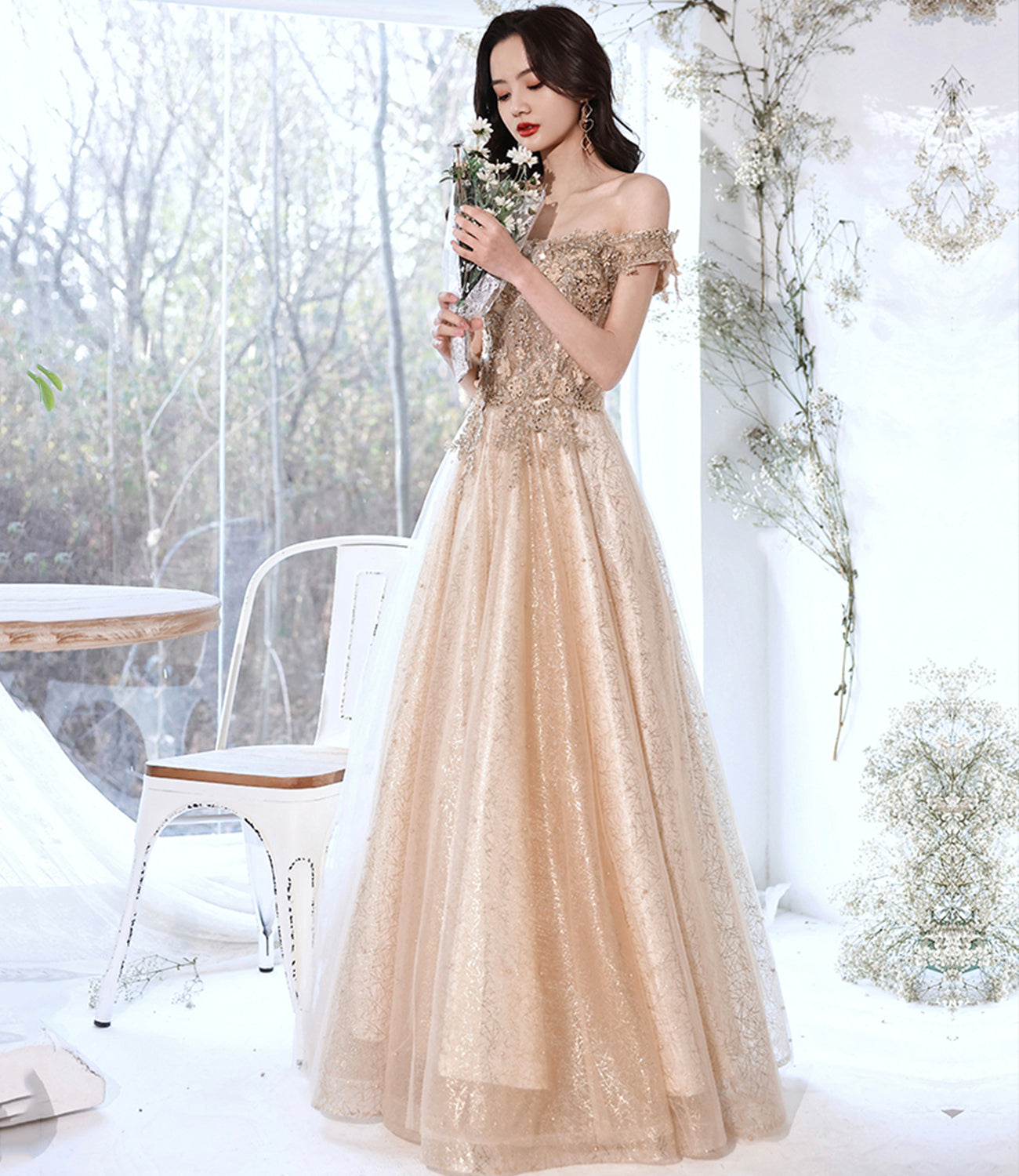 Robe de soirée longue en tulle et dentelle champagne Robe de soirée trapèze 10381