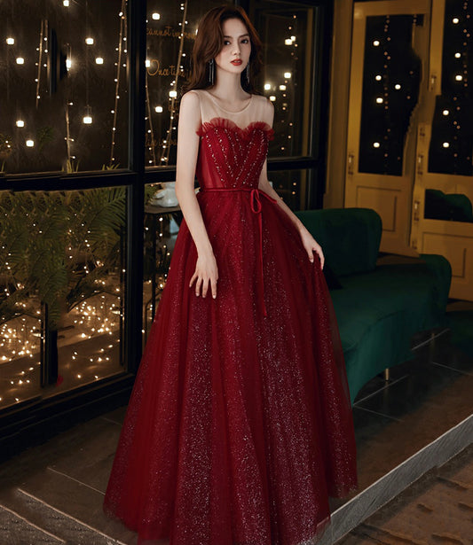 Burgund Tüll Pailletten langes Ballkleid A-Linie Abendkleid 10555