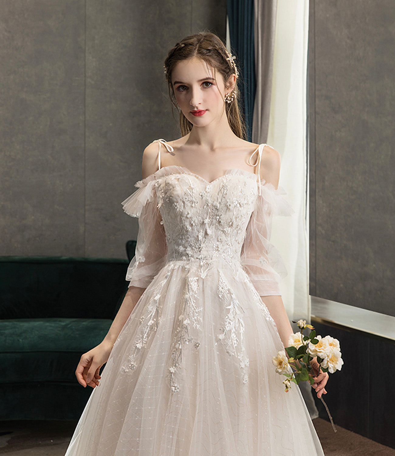 Robe de soirée longue en tulle et dentelle mignonne Robe de soirée trapèze 10573