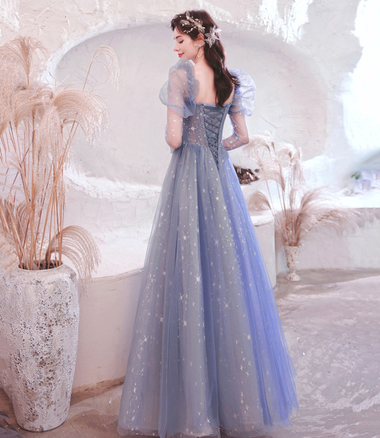 Blue tulle long A line prom dress blue evening dress  10530