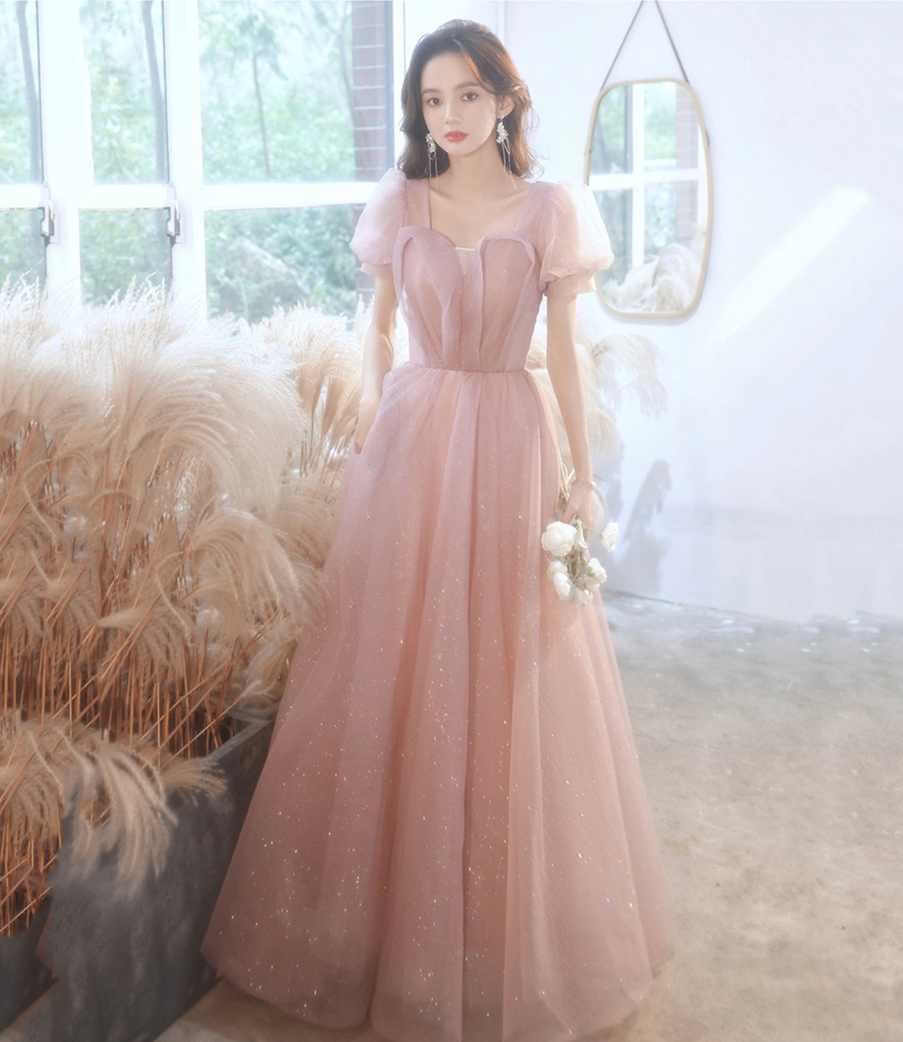 Robe de soirée longue en tulle rose mignonne, coupe A, 10524