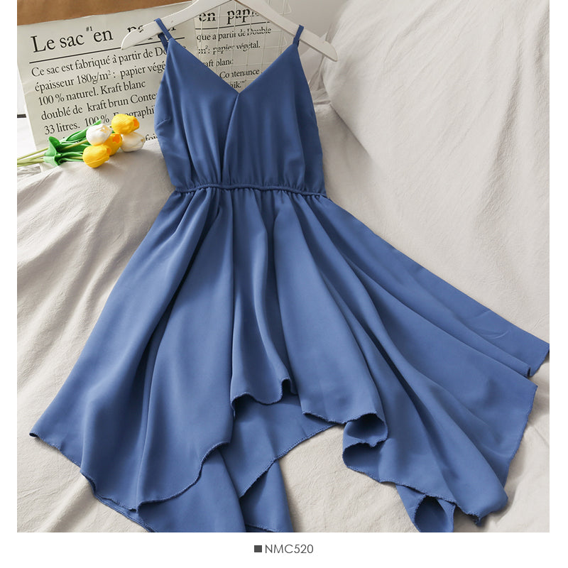 Robe courte irrégulière à col en V mignonne Robe trapèze tendance 10675
