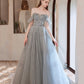Gray tulle beads long prom dress A line evening dress  10425