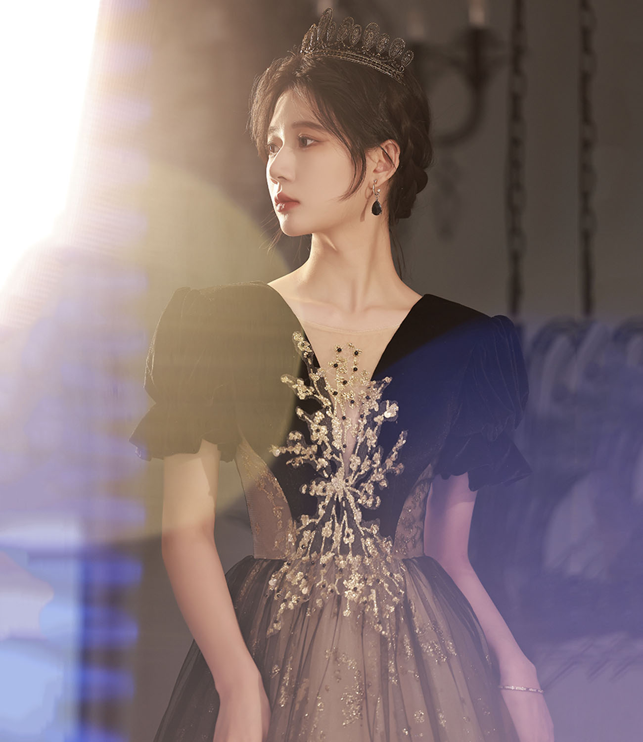 Langes Ballkleid aus schwarzem Tüll mit Pailletten A-Linie Abendkleid 10441