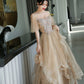 Robe de soirée longue en tulle et dentelle champagne Robe de soirée trapèze 10339