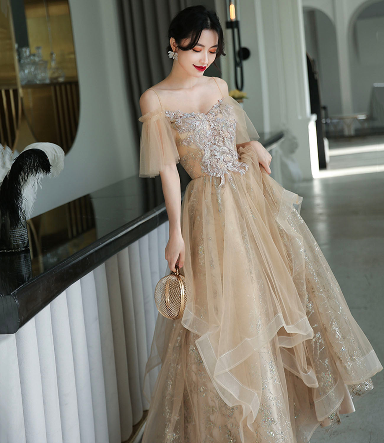 Robe de soirée longue en tulle et dentelle champagne Robe de soirée trapèze 10339