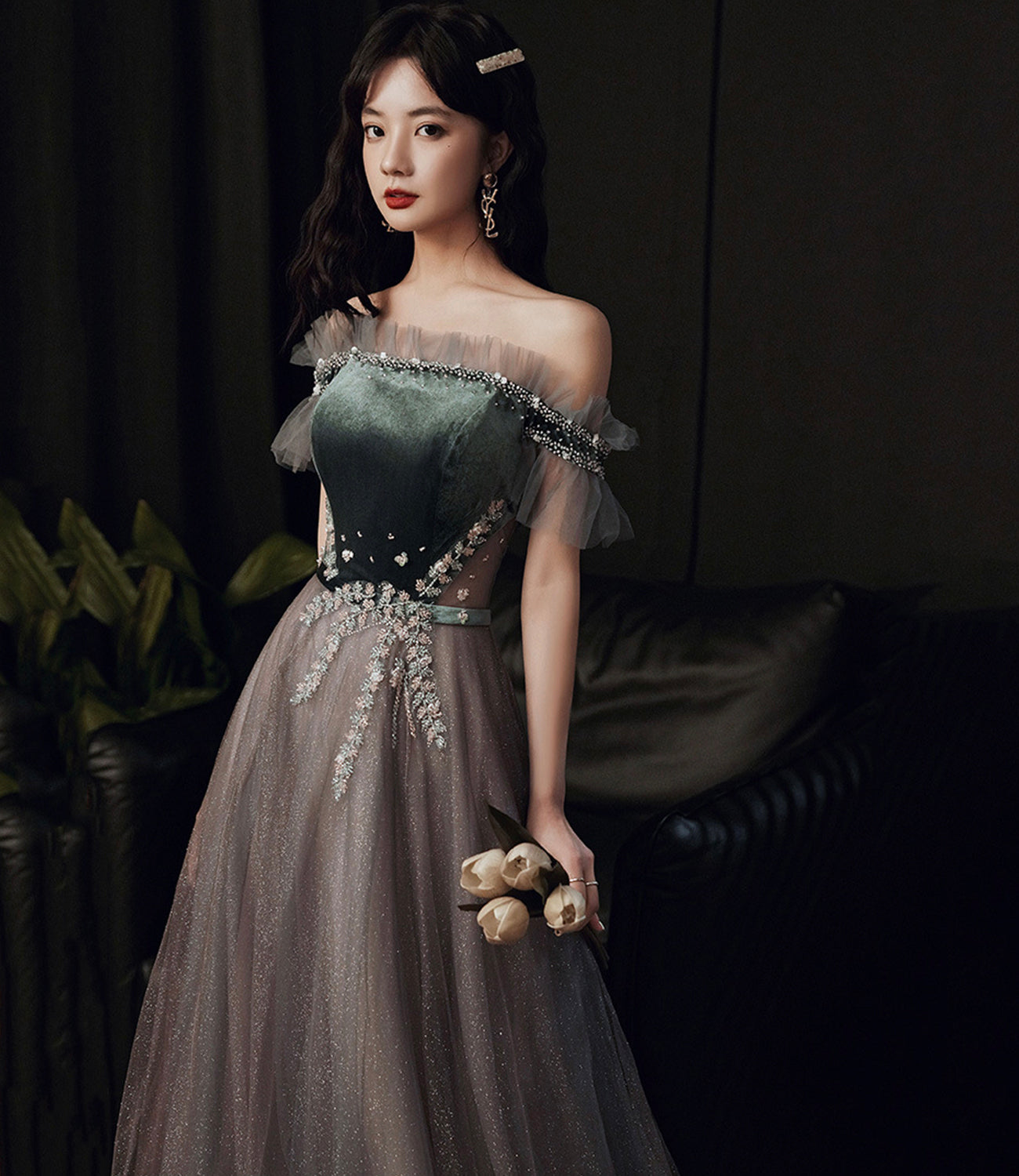 Cute tulle long prom dress A line evening dress  10345