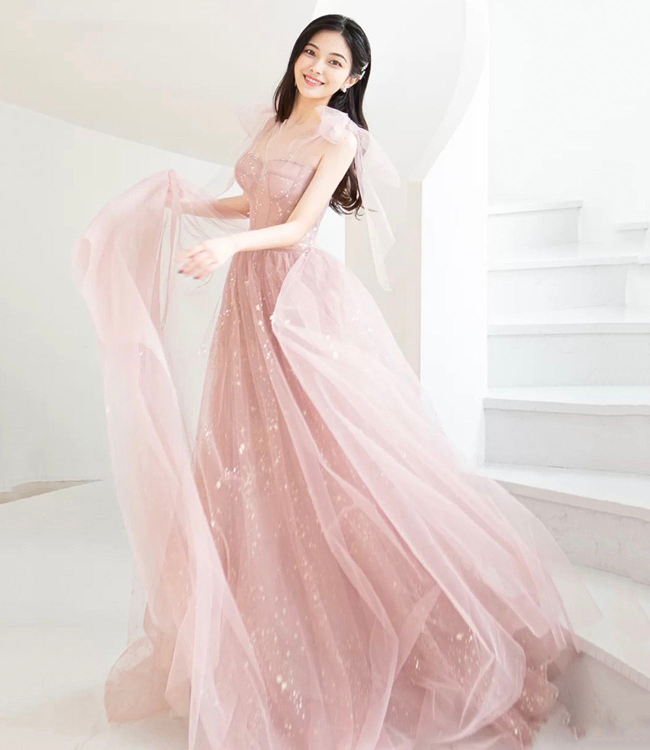 Rosa Tüll langes Ballkleid A-Linie Abendkleid 10421