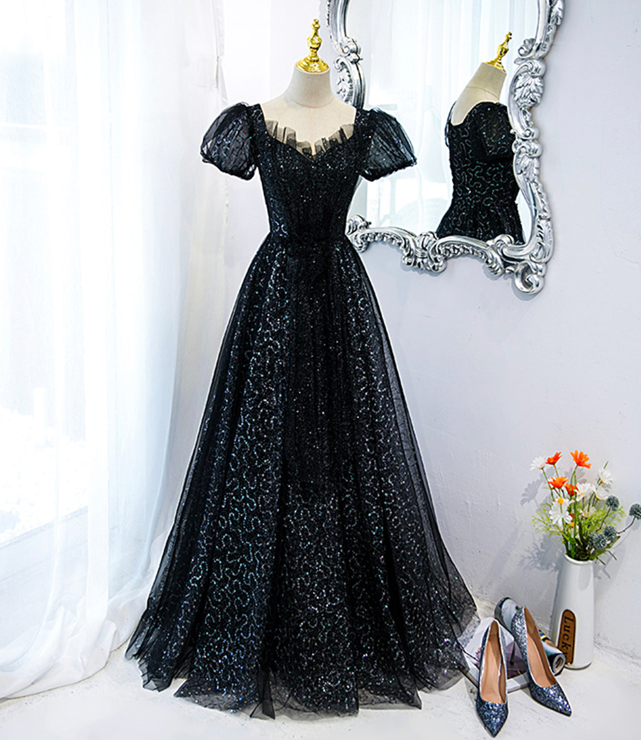 Schwarzes langes Ballkleid aus Tüll mit Pailletten Schwarzes Abendkleid 10467