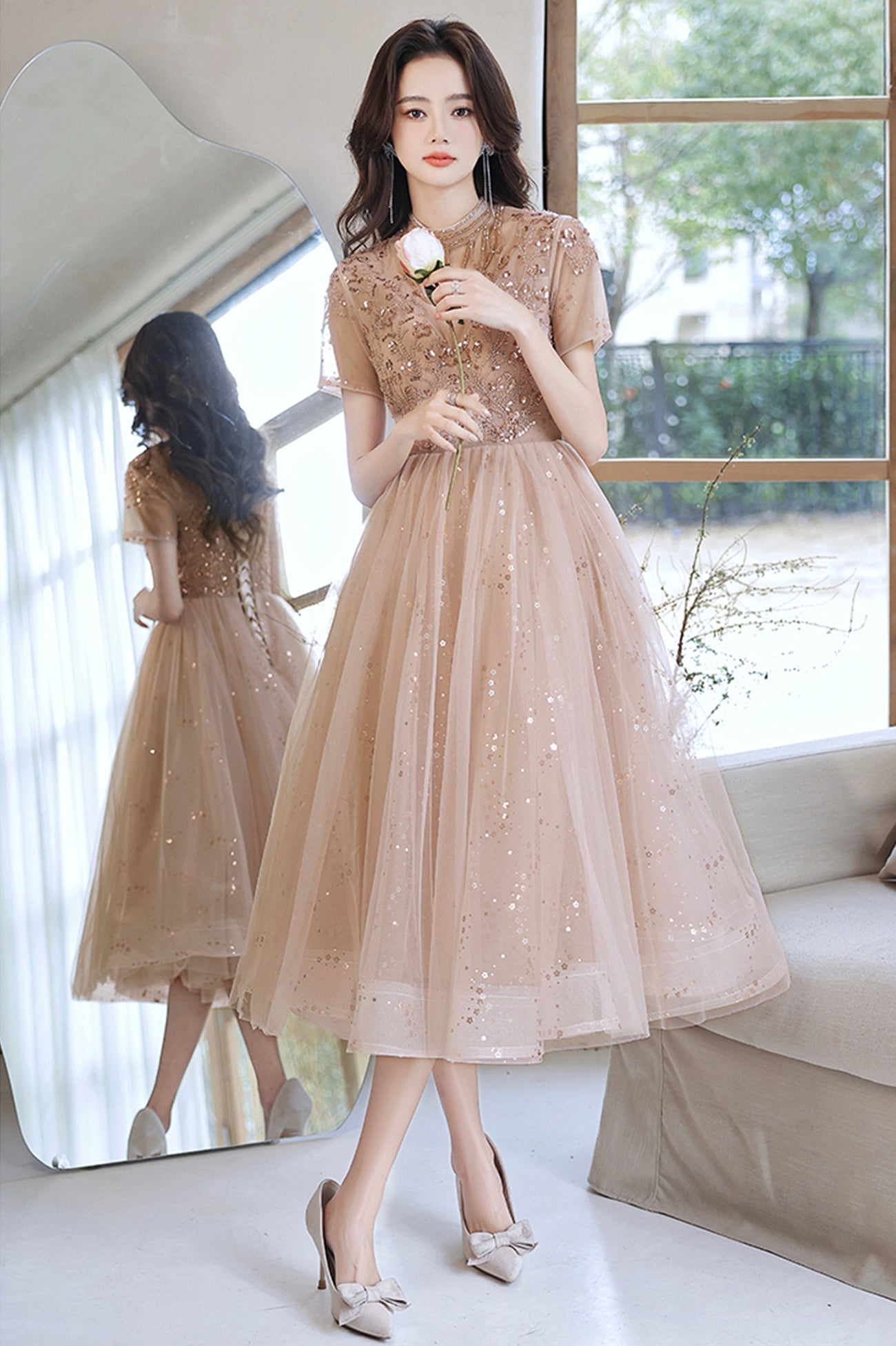 Süßes Tüll Perlen kurzes Ballkleid A-Linie Partykleid 10519