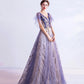 Purple tulle sequins long prom dress A line evening dress  10510