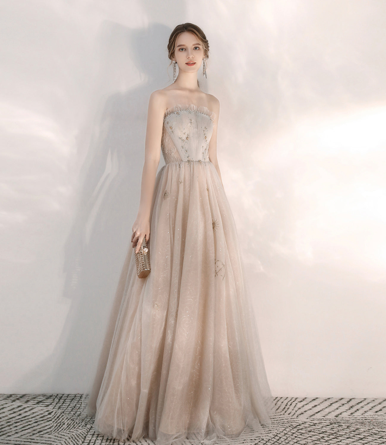 Champagner Tüll Pailletten langes Ballkleid A-Linie Abendkleid 10472