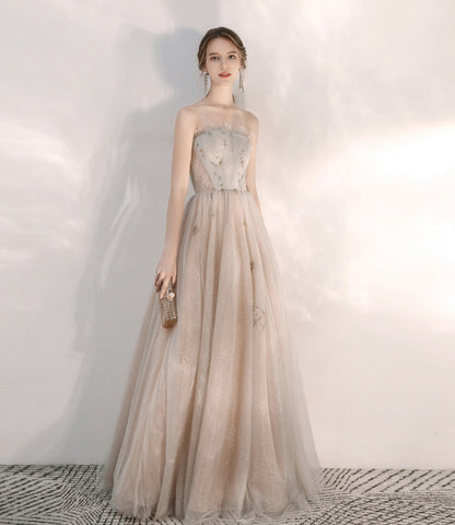 Champagner Tüll Pailletten langes Ballkleid A-Linie Abendkleid 10472