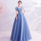 Robe de bal longue en tulle bleu et dentelle Robe de soirée trapèze 10455