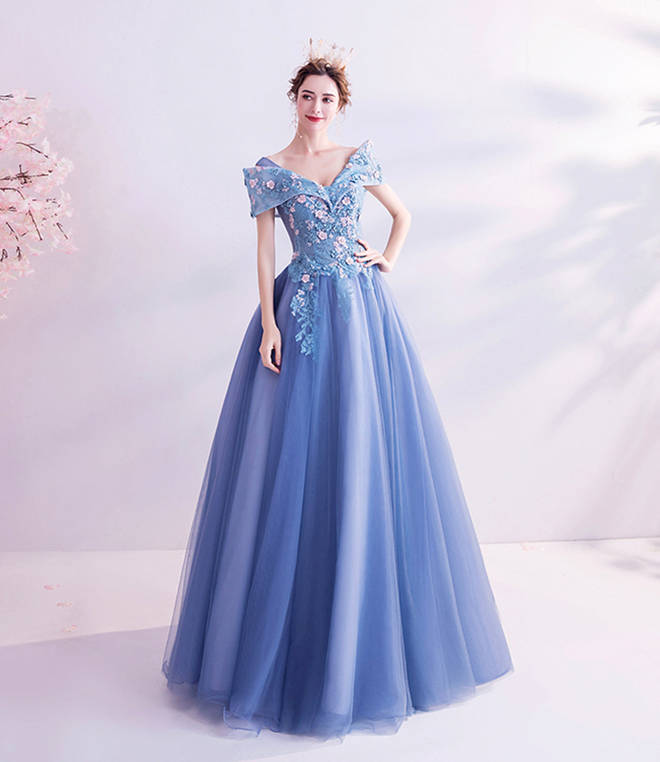 Robe de bal longue en tulle bleu et dentelle Robe de soirée trapèze 10455