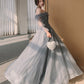 Gray tulle sequins long prom dress A line evening dress  10559