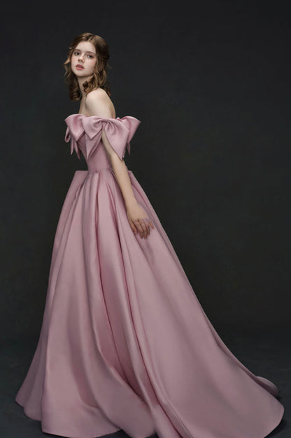 Robe de bal longue en satin rose avec nœud au design unique, robe de princesse 10585
