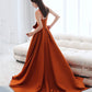 Langes Abschlussballkleid aus orangefarbenem Satin mit Schleife A-Linie formelles Kleid 10568