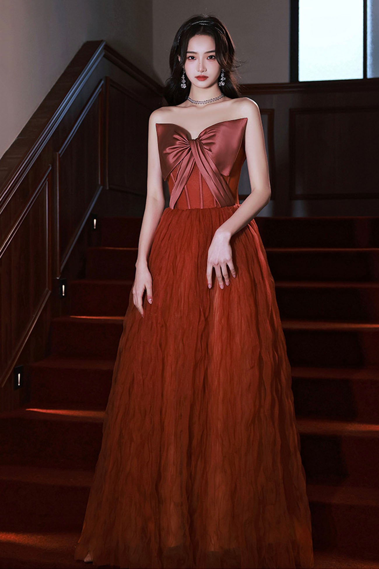 Robe de soirée longue en tulle satiné bordeaux Robe de soirée trapèze 10649