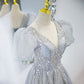 Gray tulle beads long prom dress A line evening gown  10488
