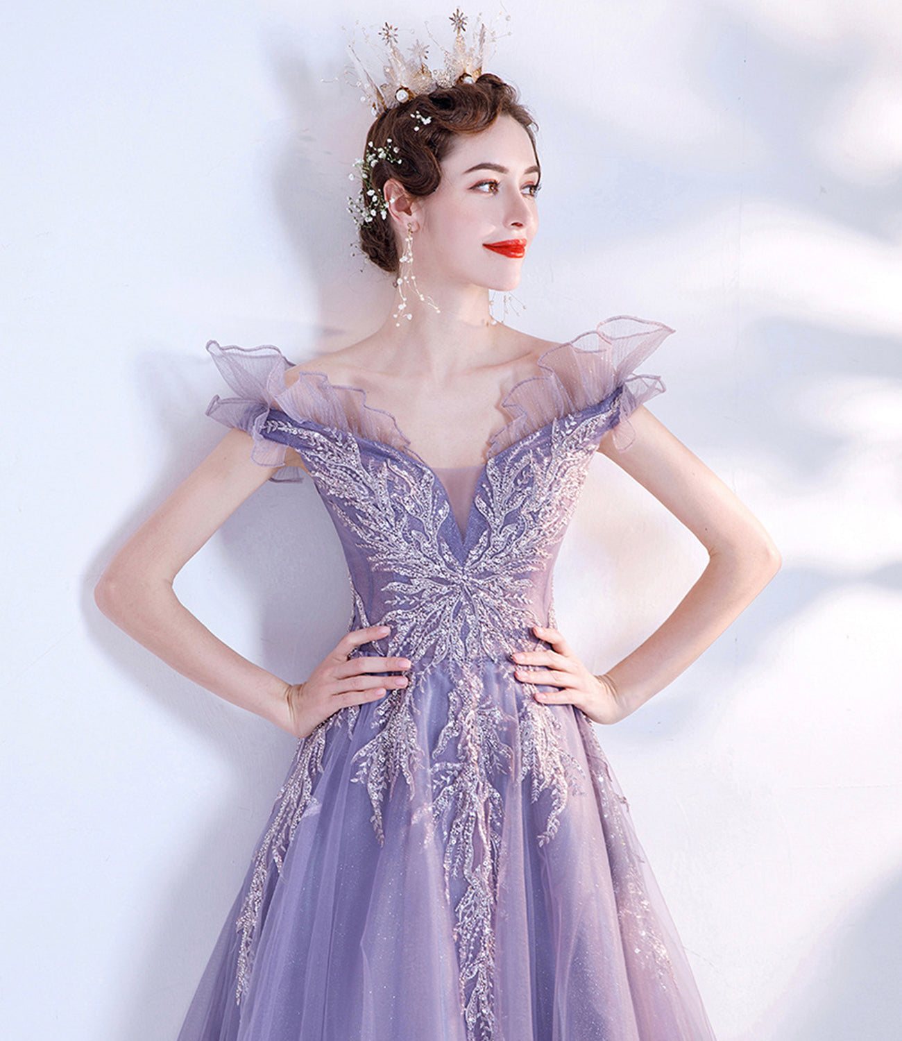 Lila Tüll Pailletten langes Ballkleid A-Linie Abendkleid 10463