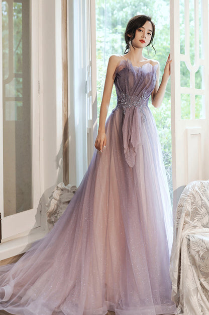 Robe de soirée longue en tulle violet à paillettes 10624